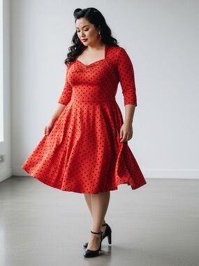 Hell Bunny Vixen Red And Black Polka Dot Half Sleeve Retro Rockabilly 3X Dress